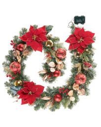 Pre-Lit Decorated Christmas Garland, Red & Gold, 6 ft – Battery Operated with 8 Light Modes and Timer
