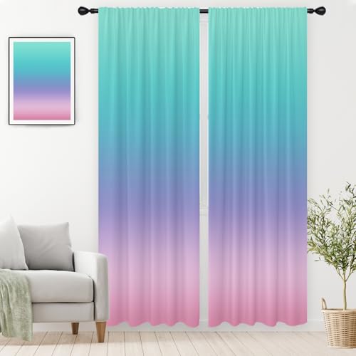 "EGLGCC Long Teal Pink Curtains, Ombre, 2 Panels, 42"" W x 84"" L, Rod Pocket - Cute Princess Aesthetic, Colorful Rainbow Gradient, Decorative Kawaii Decor, Extra Tall Bedroom Window Drapes"