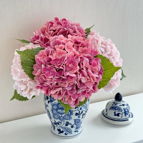 ZYTUYO 4 Pcs Magenta Real Touch Aritificial Hydrangeas 21'' Real Looking Faux Latex Pink Hydrangeas for Home Decor Kitchen Living Room Table Flower Baby Shower Wedding Xmas Flower Arrangement