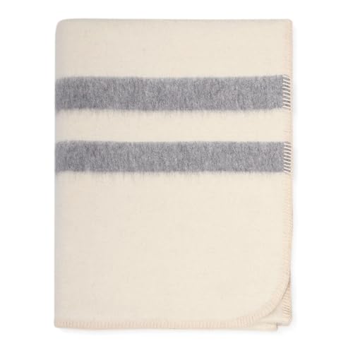 Thick Alpaca Wool Blanket Heavyweight for Camping Outdoors or Using Indoors - Soft Peruvian Alpaca Wool Blankets (Ivory - Soft Gray Stripes, Travel Size)