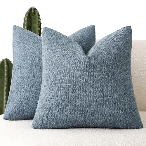 Foindtower Pack of 2 Textured Boucle Throw Pillow Covers Accent Solid Decorative Pillow Cases Cozy Woven Couch Cushion Case for Sofa Bedroom Living Room Home Decor 20x20 Inch Misty Blue