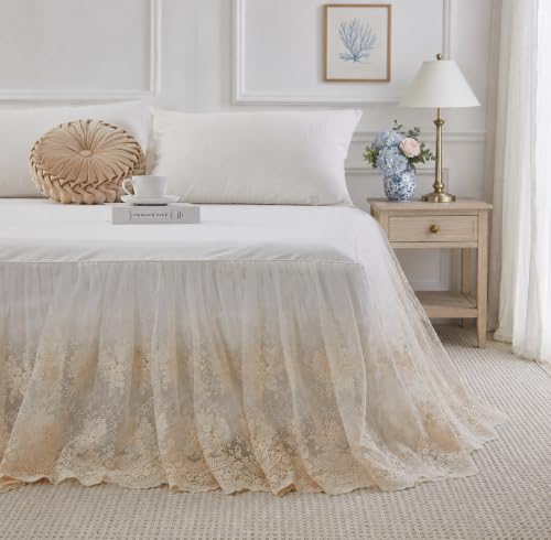 Brandream Lace Bed Skirt Queen Size Cream White 18 Inch Drop Romantic Dust Ruffle Split Corners Bed Sheets Cover Excellent Quality