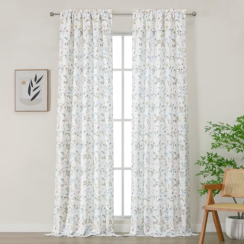 Chyhomenyc Light Filtering 120 Inch Window Curtains - Linen Blend Floral Printed Curtains Drapes for Living Room, Soft Farmhouse Curtain for Bedroom, 52Wx120L Inch, 10 FT, 2 Panels
