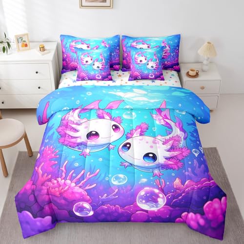 Feelyou Kids Cute Axolotl 7 Pieces Bedding Set King Size, Ocean Sealife Comforter Set with Sheets Boys Girls Kawaii Animal Bed in A Bag Cartoon Salamander Teens Bed Set Bedroom Decor 7Pcs