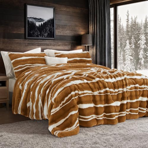 "Wonderful 3 Pieces Fluffy Faux Rabbit Fur Comforter Set King Size, Caramel Plush Fuzzy Bedding Set, Animal Stripes Design Warm Soft Comforter Bedding Set for All Season,104""x94"""