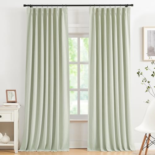 "Kayne Studio Soft Green Pinch Pleated Full Blackout Curtains Linen Blend Room Darkening Thermal Insulated Soundproof Drapes 108 Inch Back Tab Window Curtains for Living Room Bedroom(2 Panels,40""x108"")"