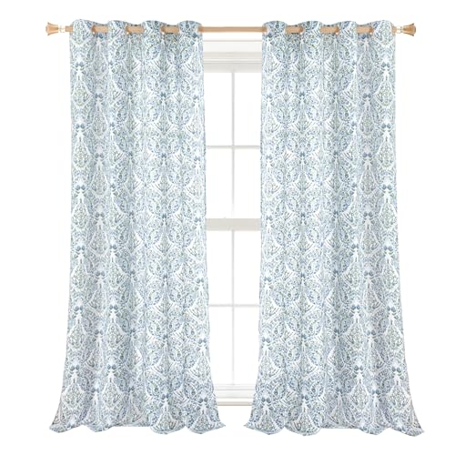 BGment Blue Boho Curtains for Living Room - Linen Leaf Paisley Floral Pattern Light Filtering Grommet Window Semi Sheer Drapes for Farmhouse, 2 Panels, 52 x 90 Inch