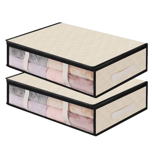 AiQInu Clothes Storage Boxes, 2 Set Foldable Under Bed Clothes Storage Bags with Zip Transparent Window, Bed Organizer Wardrobe for Clothes Blankets Quilts 60 x 45 x 15 cm