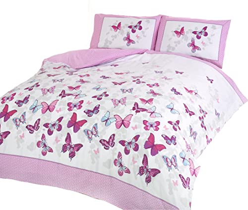 Rapport Home Furnishing Pink Butterfly King Duvet Cover Set - Reversible Easy Care Polycotton Bedding with 2 Pillowcases - 230cm x 220cm