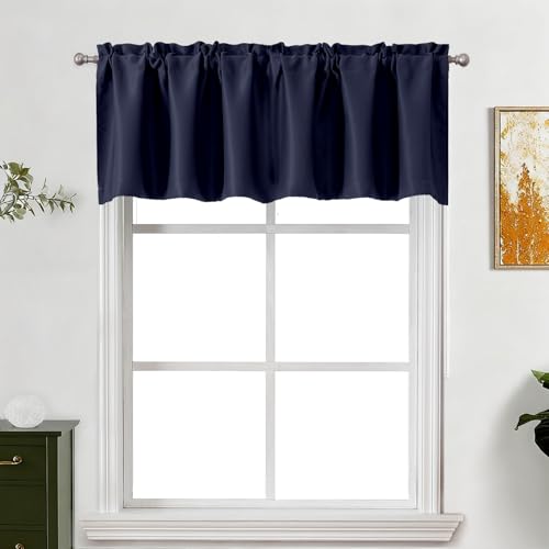 "Lecloud Navy Blue Valance for Windows 18 Inch Length, Privacy Thermal Room Darkening Curtains, Short Modern Drapes Rod Pockets for Kitchen Basement Laundry Room Bedroom, 60"" W x 18"" L 1 Panel"