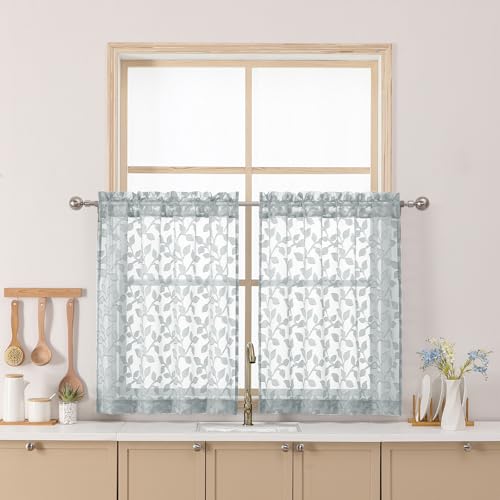 "Chyhomenyc Light Grey Sheer Curtains 30 Inch Length, Light Filtering Leaf Tufted Textured Small Window Kitchen Curtain Over Sink, Short Half Window Curtains for Bathroom Basement, 30""Wx30""L, 2 Panels"