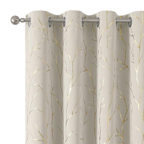 BUHUA Blackout Curtains 72 Inches Length, Thermal Curtain for Bedroom 2 Panels Set, Room Darkening Curtains with Gold Shinny Branches Tree Patern, 52W??72L Natural