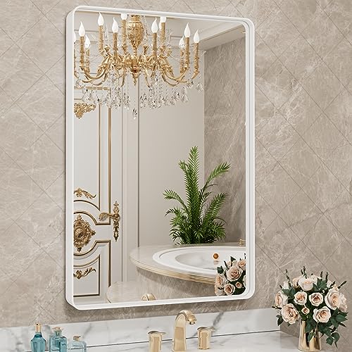 LOAAO 32x36 Inch White Metal Framed Bathroom Mirror - Rounded Rectangle, Anti-Rust, Tempered Glass, Hangs Horizontally or Vertically
