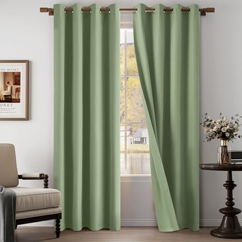 "100% Blackout Linen Textured Curtains 84 Inch Length 2 Panels Set for Living Room, Bedroom, Light Weight Curtains with Grommets Top, Full Blackout Curtains Privacy Protection, Green, 52"" W x 84"" L"