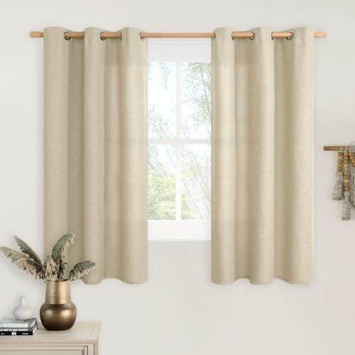 LAMIT Natural Linen Thermal Curtains for Bedroom, 54 inches Grommet Soft Thick Burlap Farmhouse Curtains Noise Reducing Light Filtering Drapes for Living Room/Farmhouse, 2 Panels, W42 x L54