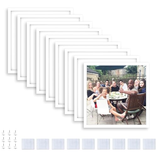 Happy Reunion 8x8 Picture Tiles - Mix Tiles Picture Frames Stick on Wall - Peel and Stick Picture Frames as Gallery Wall Frame Set (White - 9 Pcs)
