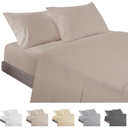 ECOMMERC3 - 4 Piece Sheet Set for 200 Bed Made in Spain - Sheet Set with Fitted Sheet, Top Sheet and 2 Pillowcases Earth Colour, Extra Soft and Lightweight Sheet