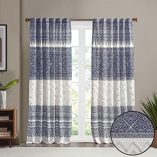 "INK+IVY Mila 100% Cotton Single Panel Curtain Tufted Chenile Boho Design Rod Pocket Top Drape for Living Room, Privacy Window Treatment for Bedroom, Apartments, 50"" x 84"", Navy/White"