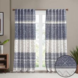 "INK+IVY Mila 100% Cotton Single Panel Curtain Tufted Chenile Boho Design Rod Pocket Top Drape for Living Room, Privacy Window Treatment for Bedroom, Apartments, 50"" x 84"", Navy/White"
