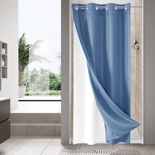 MitoVilla Blue Small Stall Shower Curtain Liner Set 36 x 74, No Hooks Required Half Size Narrow Fabric Cloth Shower Curtain Set with Snap-in Liner for Modern Bathroom Decor, Moonlight Blue