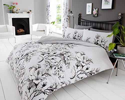 GC GAVENO CAVAILIA Luxury Geometric Duvet, Floral Quilt Set, Polycotton Bed Covers, Eden-Grey, Single