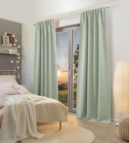 Home WOHNIDEEN Ashton Blackout Curtain Textured Decoration 100% Blackout with 10 cm Combination Band Colour: Sage, Size: 245 x 135 cm, Quantity: 1
