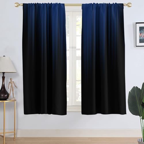"AAtter Blue Window Curtain Black Ombre Navy Gothic Goth Dark Modern Mens Boys Masculine Abstract Cool Living Room Bedroom Rod Pocket Drapes Treatment Fabric 1 Pair Home Decor, 42"" W x 63"" L, Gradient"