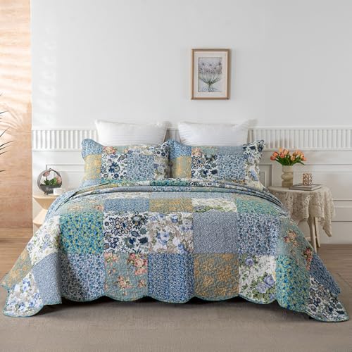 YAYIDAY Quilts Queen Size Patchwork Bedspread Set - 100% Cotton Reversible Breathable Floral Quilted Quilt with Pillow Shams Fit All Season