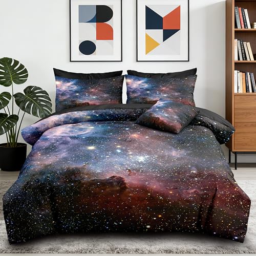 Peopleareok 6 PC Galaxy Comforter Sets Queen, 3D Printed Outer Space Bedding Set Bed in A Bag for Girls Boys Kids,(1 Comforter, 1 Flat Sheet, 1 Fitted Sheet, 2 Pillowcases, 1 Pillow Cover)