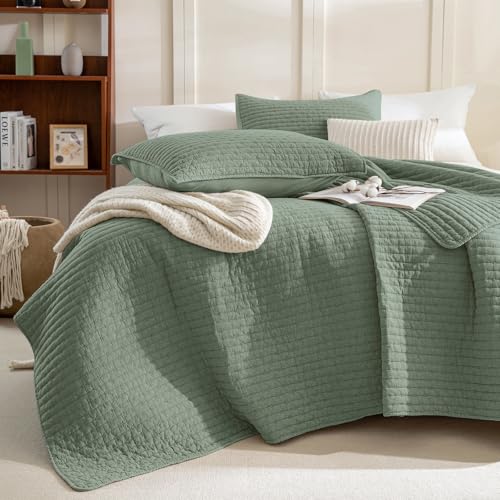 "Sanracie Stonewashed Oversized King Quilt(120""x120""), Cotton Green Cross Stitch Pattern California King Quilt Sets 3Pcs Ultra Soft Breathable Crinkle Bed Coverlet Set for All Season"