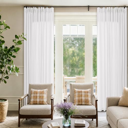 DUKIYO White Pinch Pleated Linen Curtains 96 Inches Long 72 Wide Semi Sheer - Light Filtering, Pleat Window Curtain, Boho Neutral, Drape for Track System, Living Room Bedroom, Hooks Rings, 1 Panel, 72x96