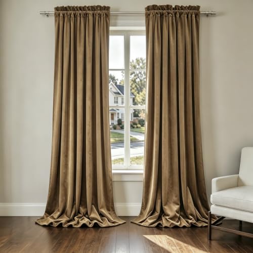 Benedeco Blackout Camel Velvet Curtains for Bedroom Window, Light Filtering Drapes for Living Room Darkening Soundproof Thermal Curtain Rod Pocket 52 x 96 inches Long Length Set of 2 Panels