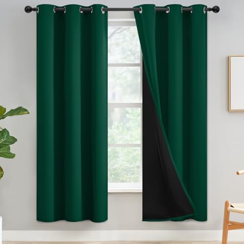 Yakamok 100% Blackout Curtains for Bedroom 72 Inch Length, Emerald Green Total Light Blocking Drapes with Black Backing, Thermal Insulated Solid Grommet Panels for Living Room, 42Wx72L, 2 Panels