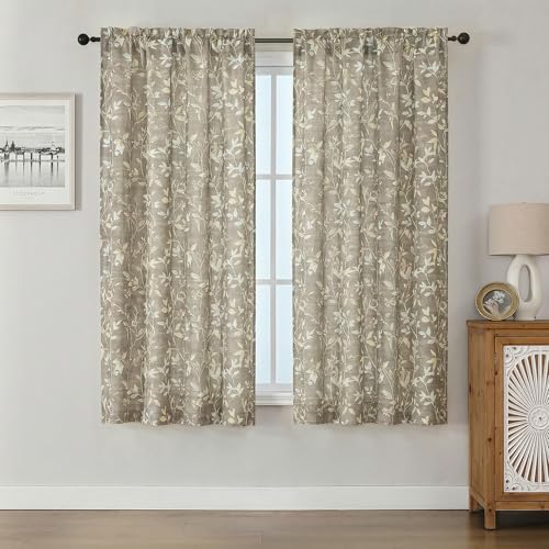 Chyhomenyc Linen Blend Window Curtains 63 Inch Length 2 Panels, Light Filtering Floral Printed Curtain Drapes for Living Room, Rod Pocket Soft Bedroom Curtain Panels, 38Wx63L Inch, Taupe