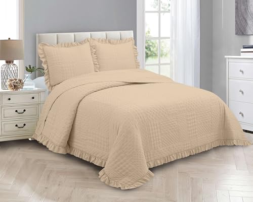 MK Collection Embossed Modern Ultasonic Quilted Oversized Coverlet Bedspread Set Solid Color New #Ruby (Beige, Full/Queen)