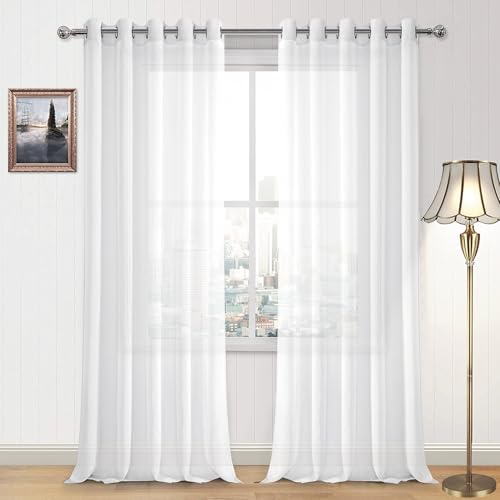 DWCN White Sheer Curtains, Linen Look Semi Transparent Voile Grommet Top Solid Lightweight & Airy Gauzy Curtains & Drapes for Living Dining Room Drapes W60 x L95 Inch Long, Set of 2 Panels