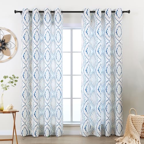 L.Z.E Privacy Boho Curtains 63 Inch Length 2 Panels Set Geometric Pattern Light Filtering Non-See-Through Curtains & Drapes for Living Room Bedroom Grommet Top Short Light Blue Green Brown