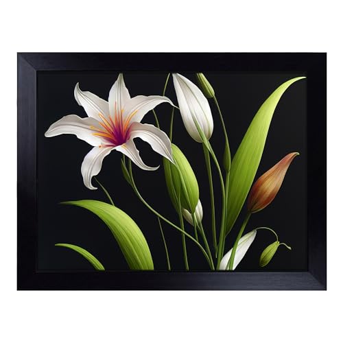 Lap Tray with Bean Bag Cushion, Flowing Lily Flowers - Handmade in the UK, Raised Wooden Edge, Padded Cushion, Heat-Resistant Wipe-Clean Surface, for Meals, Laptops and Crafts