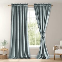JIUZHEN Stone Blue Velvet Curtains 96 inch Length for Living Room Luxury Noise Reducing Rod Pocket Room Darkening Window Drapes for Bedroom Dining Room, 2 Panels, W52 x L96 inches