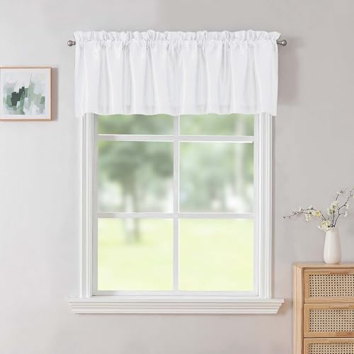 Chyhomenyc Uptown White Valance Curtains 18 Inch Length, Faux Silk Light Filtering Slub Fabric Rod Pocket Small Window Valance for Farmhouse Bedroom Basement Bathroom, 60Wx18L Inch