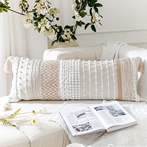 BlissBlush Cream Decorative Lumbar Throw Pillow Cover 14x36 Boho Long Cushion for Bed Neutral Beige White Accent Modern Farmhouse Pillowcase for Bedroom Living Room Couch Sofa Home Décor Cover ONLY