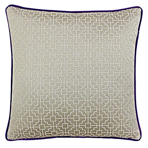 "Riva Paoletti Belsize Cushion Cover - Taupe Grey - Geometric Square Design - Jacquard Weave - Contrasting Purple Piped Edges - 58% Linen 42% Polyester - 45 x 45cm (18"" x 18"" inches)"