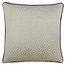 "Riva Paoletti Belsize Cushion Cover - Taupe Grey - Geometric Square Design - Jacquard Weave - Contrasting Purple Piped Edges - 58% Linen 42% Polyester - 45 x 45cm (18"" x 18"" inches)"
