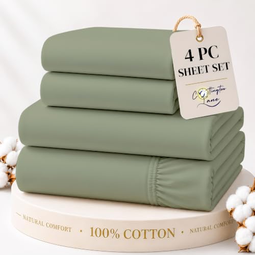 Cottington Lane 100% Cotton Twin Sheet Set, 4 Piece Sage Luxury Hotel Quality Sheets, Deep Pocket Fits 8-16 Inch Mattress, Soft, Durable, Cooling & Breathable Bedding for Twin Bed