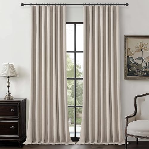 "Extra Wide 60 Inch Blackout Curtains 96 Inches Long for Living Room, Rustic Boho Room Darkening Textured Linen Pleated Insulated Ceiling Track Large Window Drapes (60""W x 96""L 2 Panels Grey Flax)"