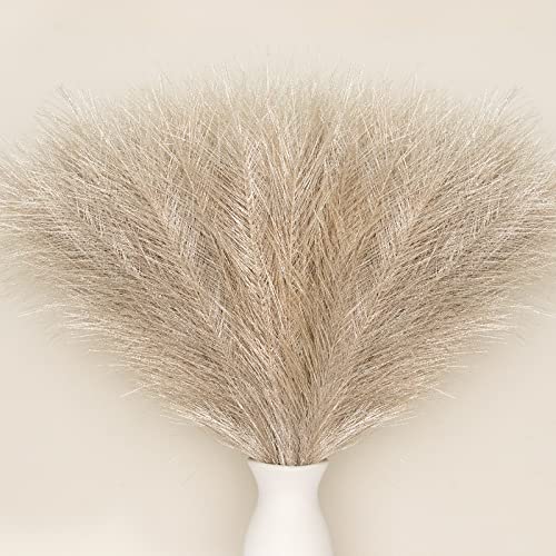 "Faux Pampas Grass Boho Decor, Pusuny 5PCS 18"" Artificial Pompas for Farmhouse Home Office Wedding Party Decoration, 9 Fluffy Branches - Each Stem Pampas as Vase Filler ( Champagne Gold)"