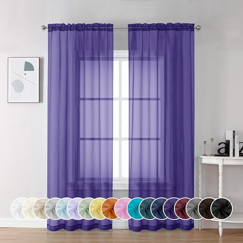 Chyhomenyc Purple Sheer Curtains 72 Inch Length 2 Panels, Light Filtering Soft Airy Rod Pocket Voile Window Curtain Drapes for French Door Bedroom Living Room, Each 42Wx72L Inches