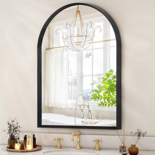 "HLFMVWE Arched Wall Mirror, 26""x18"" Black Arch Mirror, Metal Frame Black Bathroom Mirror, Arched Vanity Mirror for Living Room Bedroom Mantel Entryway"