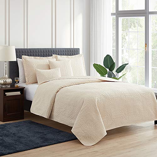 Hearth & Harbor Quilts Twin Size - All Season Bedspread Coverlet Set, Pinsonic Weave Lightweight Bedding Set - 5 Piece Twin Quilt Set with Pillow Shams, Grid - Cream