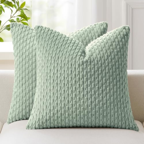 Kevin Textile Throw Pillow Covers Soft Corduroy Decorative Set of 2 Boho Striped Pillow Covers Pillowcases Farmhouse Home Decor for Couch Bed Sofa Living Room 24x24 Inch Greyish Green